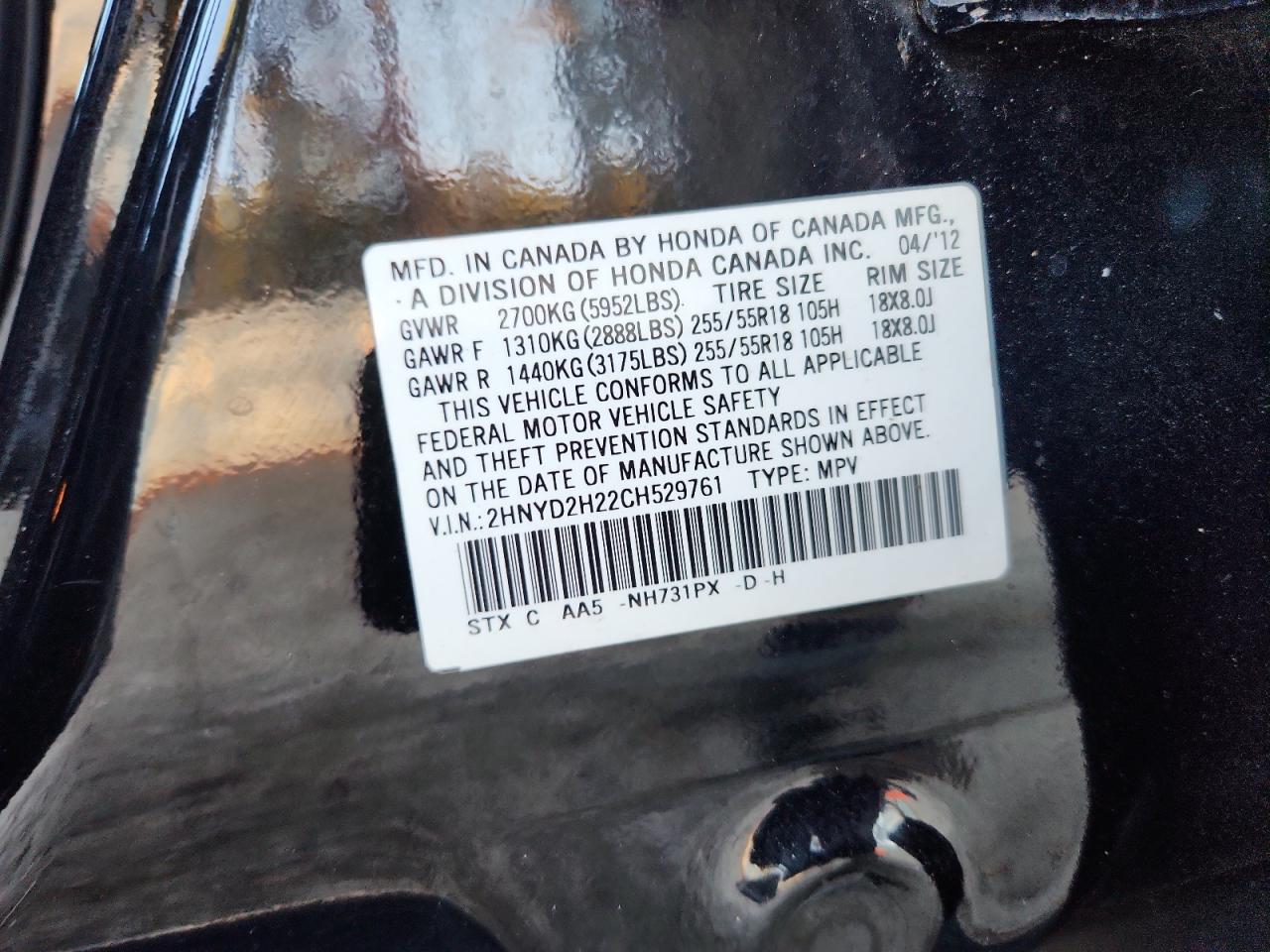 2012 Acura Mdx VIN: 2HNYD2H22CH529761 Lot: 91846805