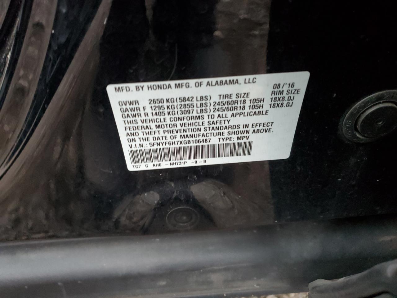 2016 Honda Pilot Exln VIN: 5FNYF6H7XGB106487 Lot: 92683745