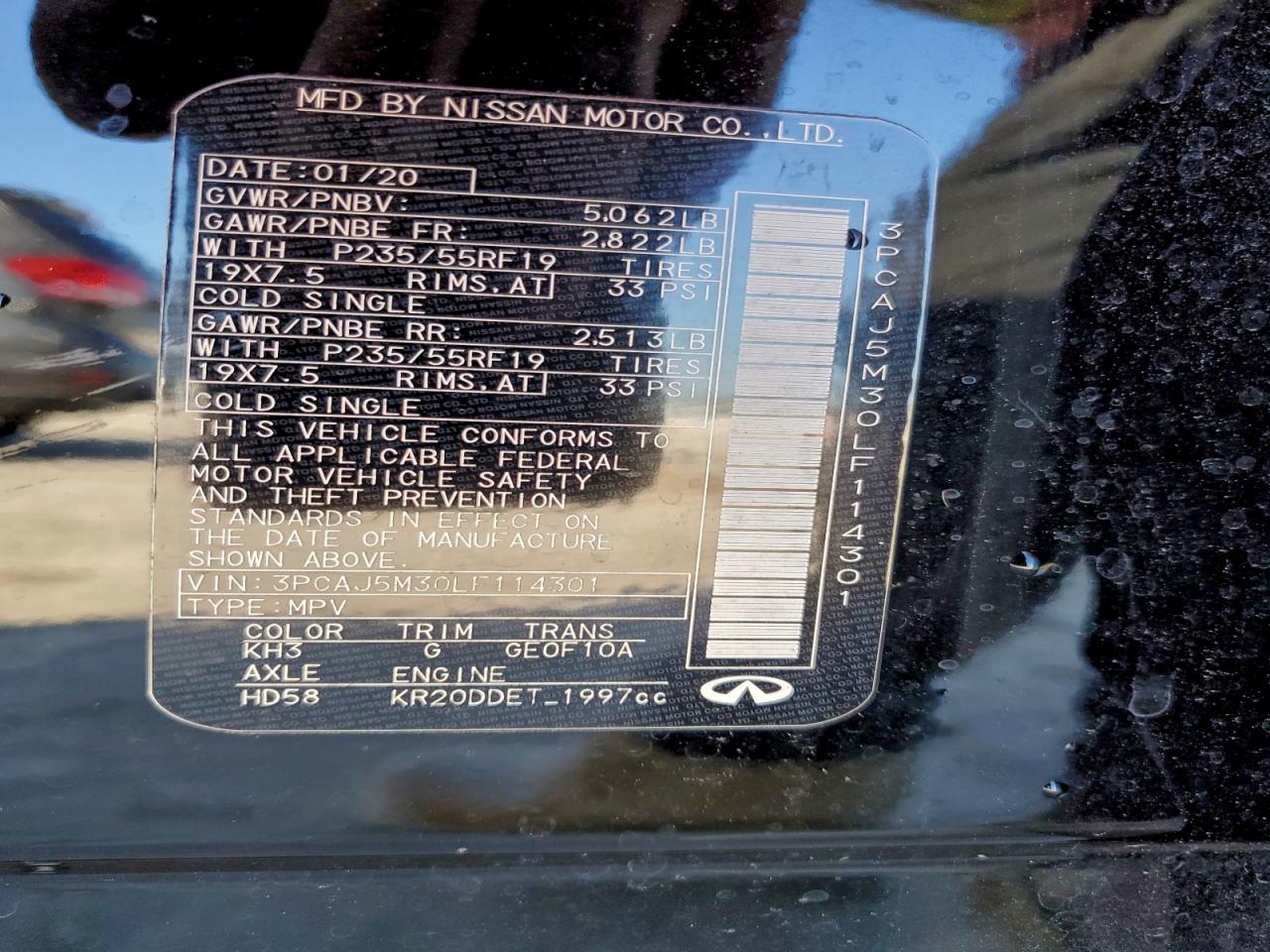 2020 Infiniti Qx50 Pure VIN: 3PCAJ5M30LF114301 Lot: 94299185