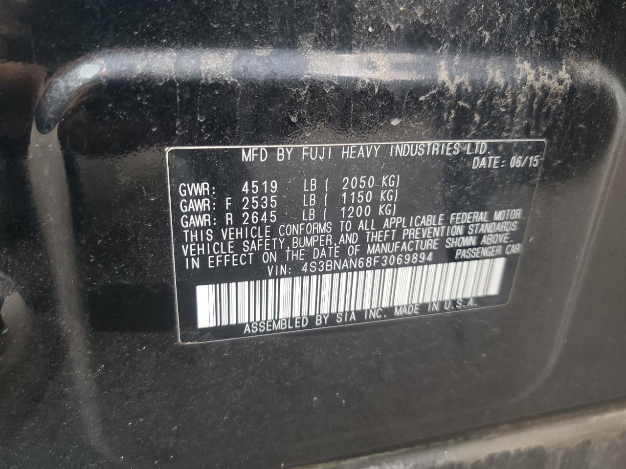 2015 Subaru Legacy 2.5I Limited VIN: 4S3BNAN68F3069894 Lot: 91385085