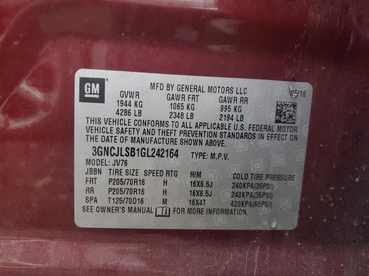 2016 Chevrolet Trax 1Lt VIN: 3GNCJLSB1GL242164 Lot: 90431175