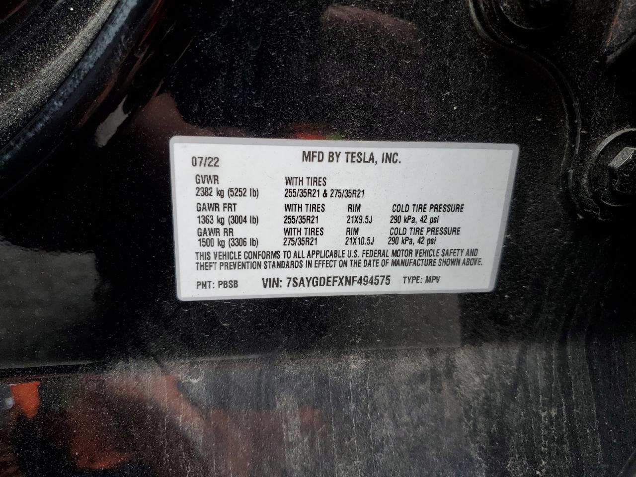 2022 Tesla Model Y VIN: 7SAYGDEFXNF494575 Lot: 92131305