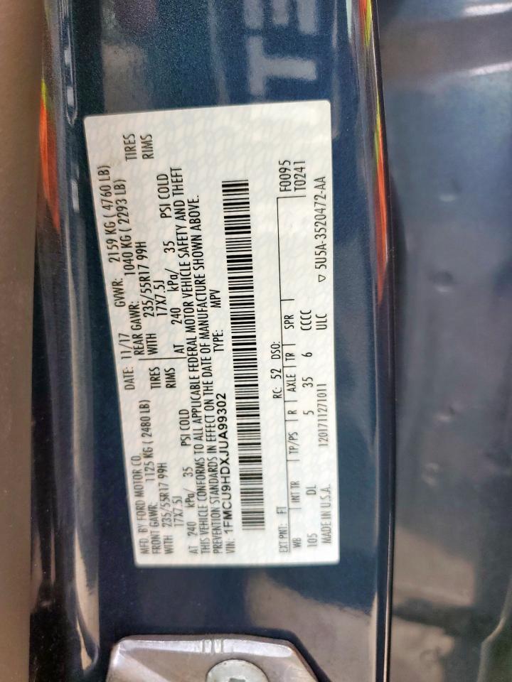 2018 Ford Escape Sel VIN: 1FMCU9HDXJUA99302 Lot: 91839625