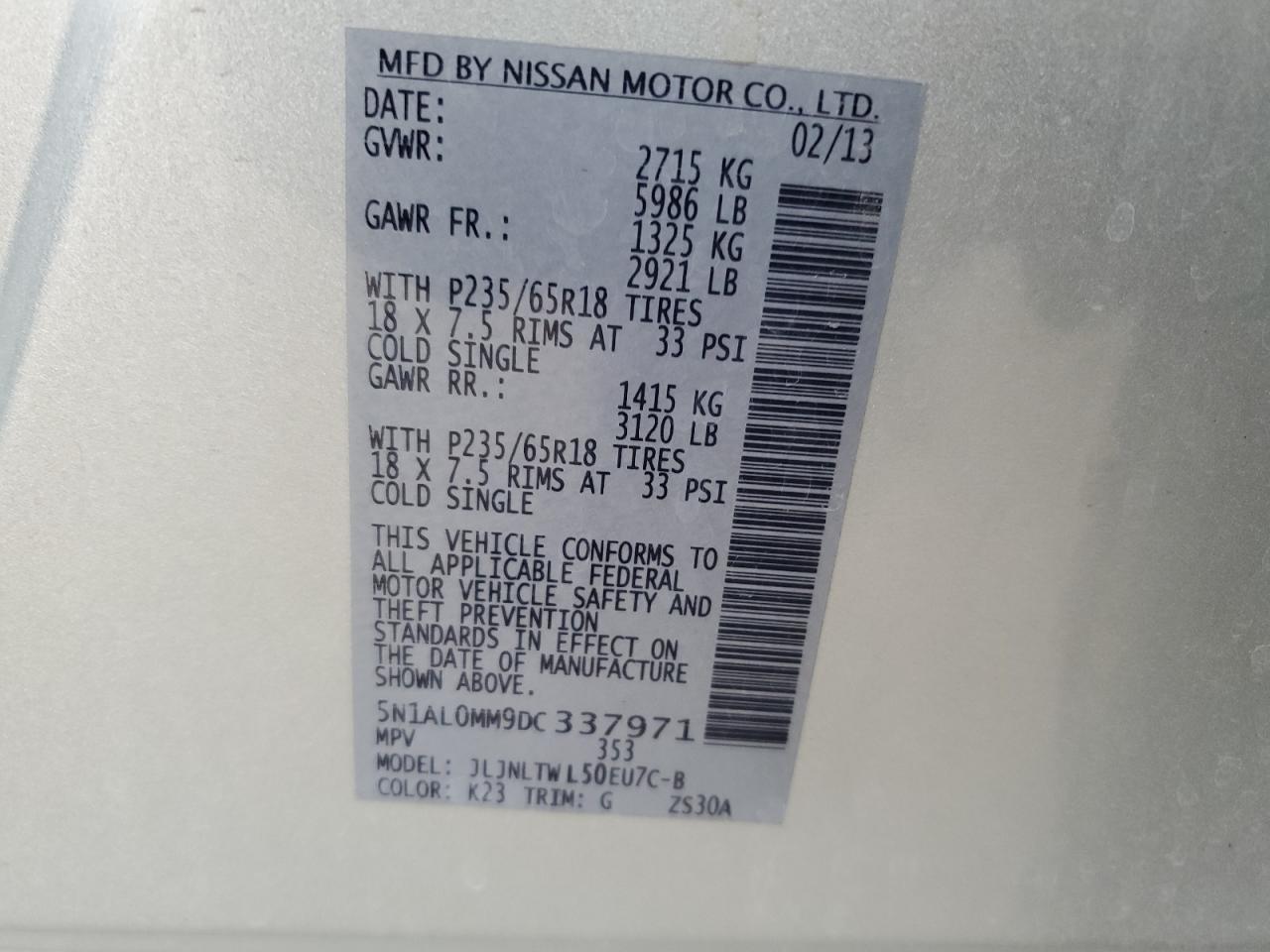 2013 Infiniti Jx35 VIN: 5N1AL0MM9DC337971 Lot: 93100175