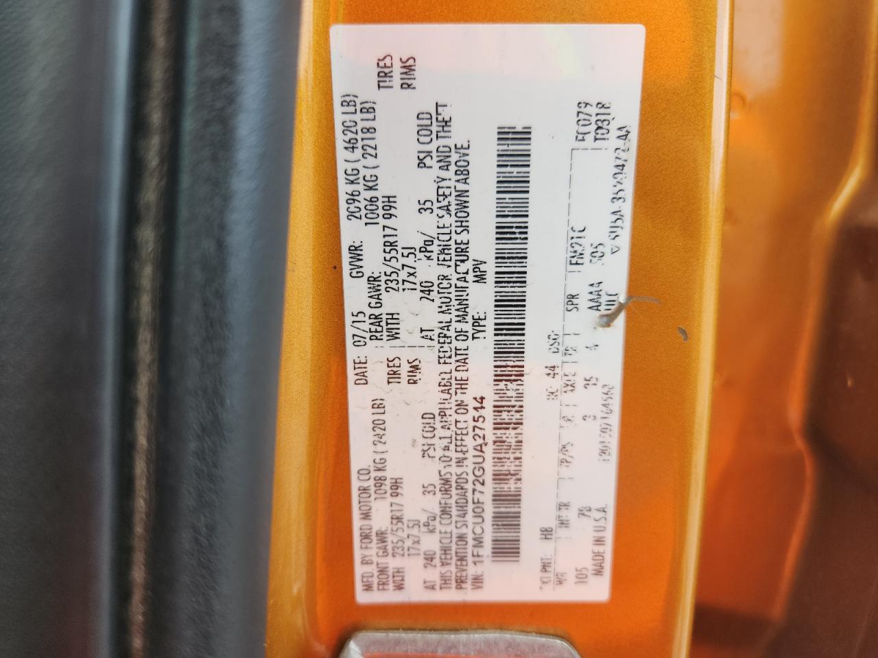 2016 Ford Escape S VIN: 1FMCU0F72GUA27544 Lot: 93687165