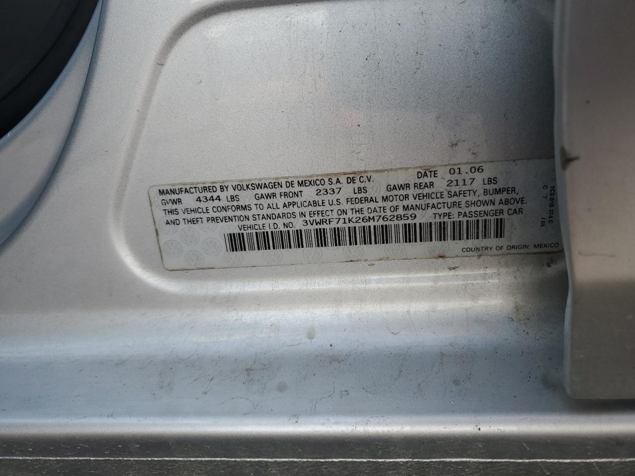 2006 Volkswagen Jetta 2.5 VIN: 3VWRF71K26M762859 Lot: 92637845