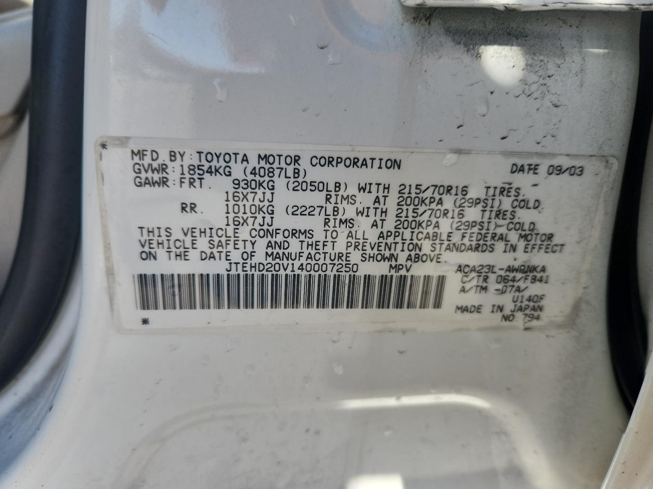 2004 Toyota Rav4 VIN: JTEHD20V140007250 Lot: 91400925