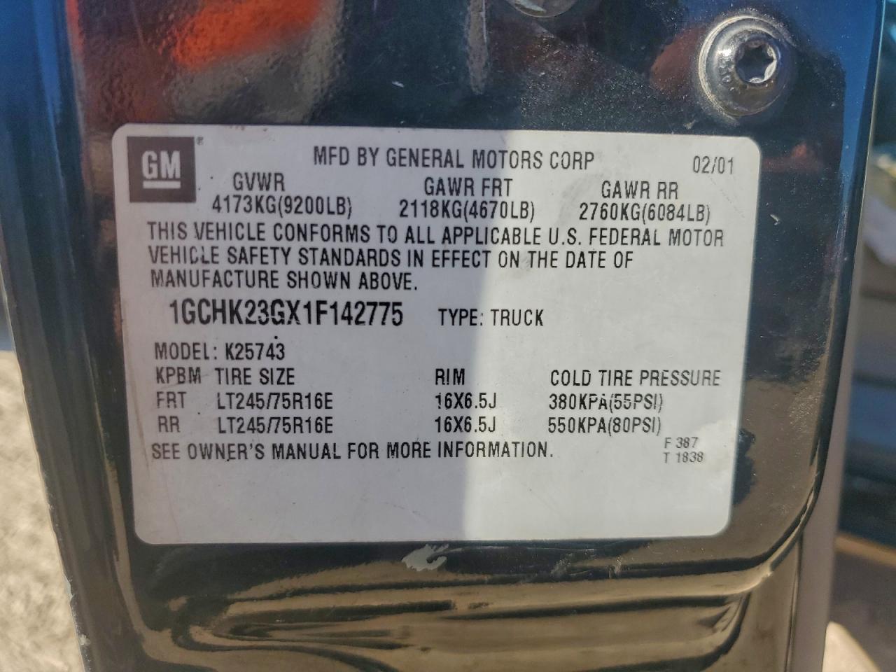 2001 Chevrolet Silverado K2500 Heavy Duty VIN: 1GCHK23GX1F142775 Lot: 94133045