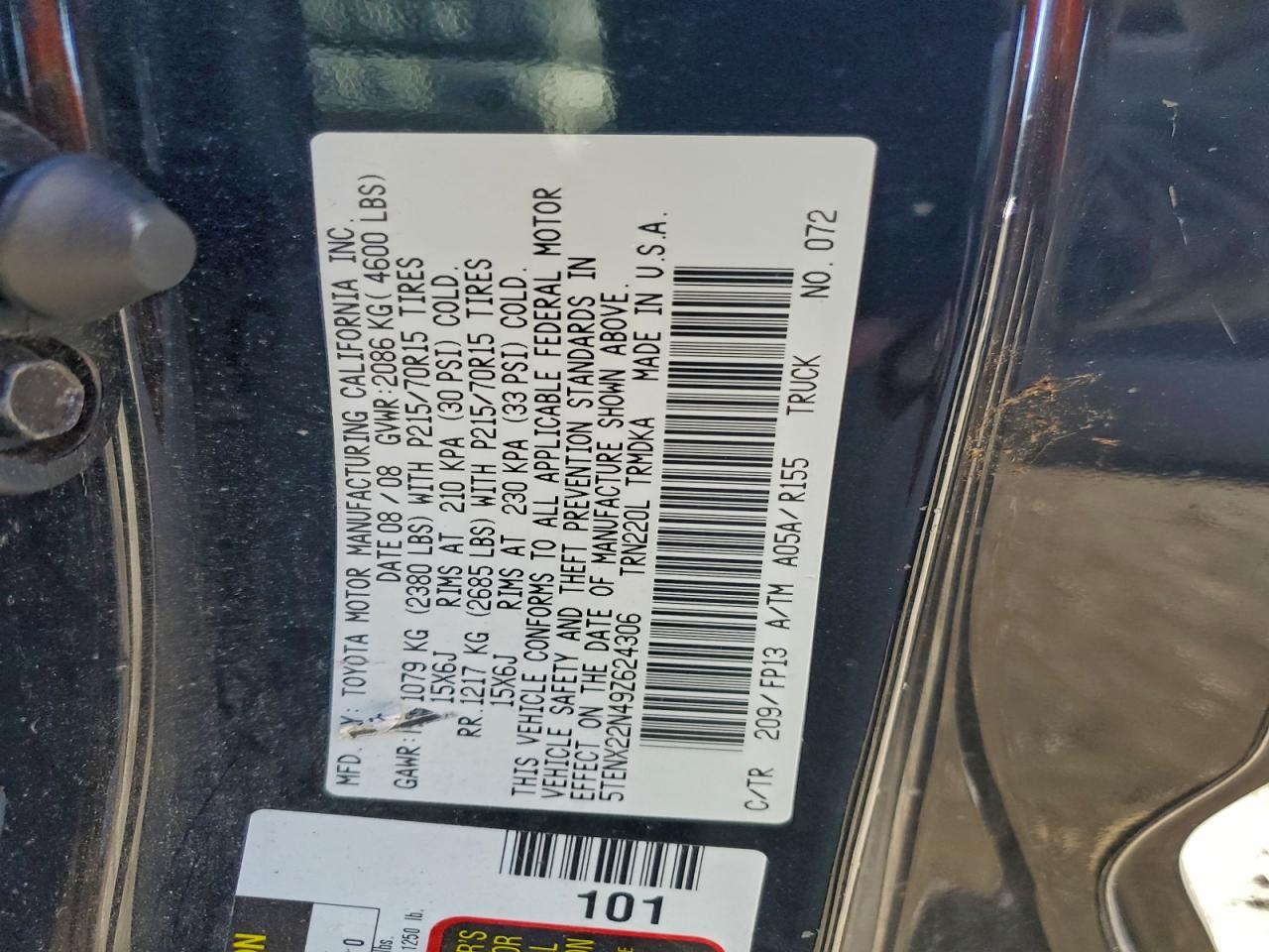 2009 Toyota Tacoma VIN: 5TENX22N49Z624306 Lot: 94268165
