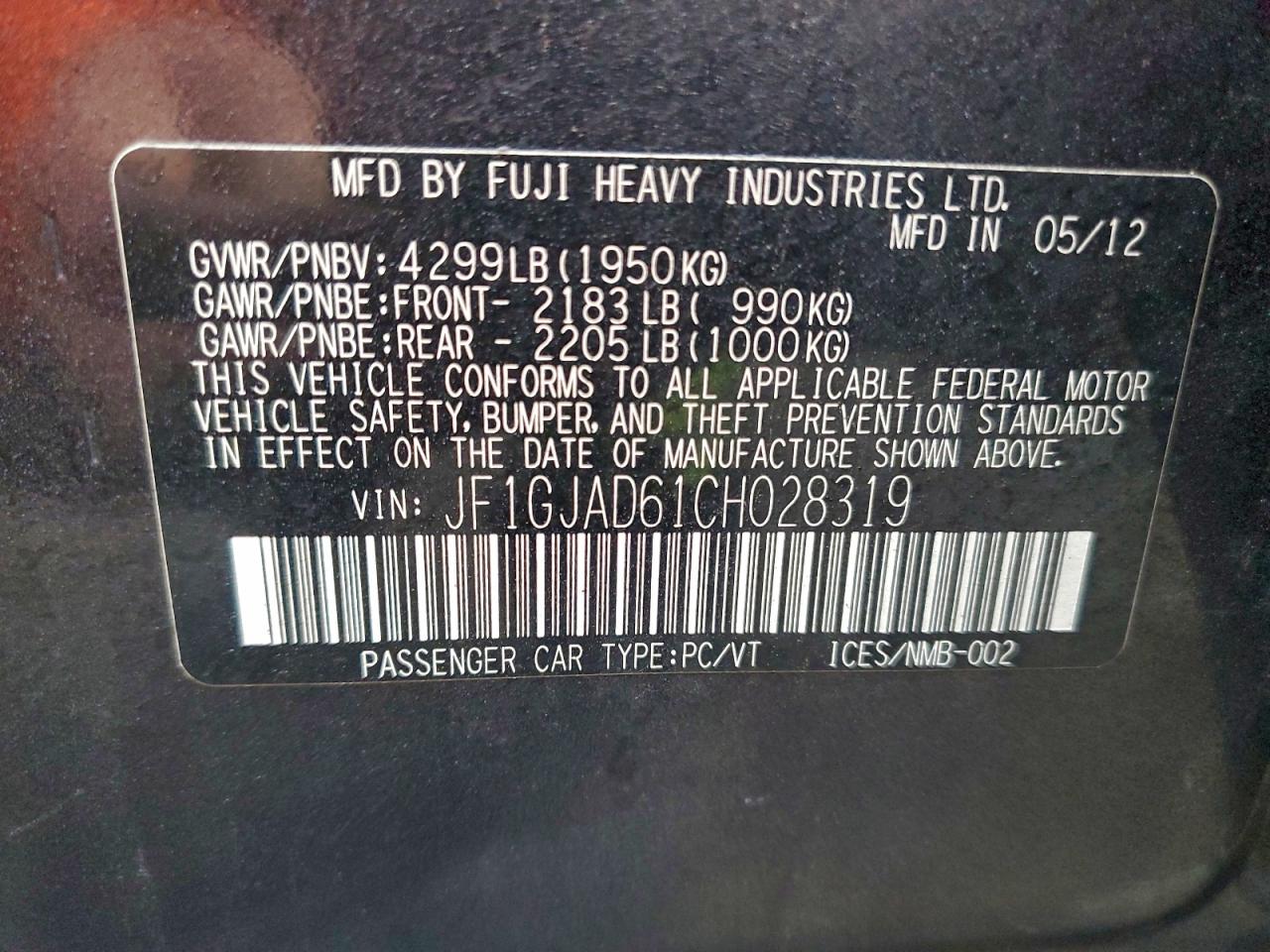 2012 Subaru Impreza Premium VIN: JF1GJAD61CH028319 Lot: 93344355