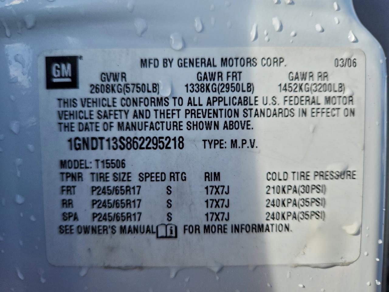 2006 Chevrolet Trailblazer Ls VIN: 1GNDT13S862295218 Lot: 94564415