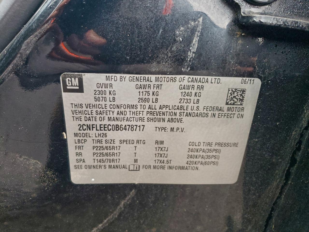 2011 Chevrolet Equinox Lt VIN: 2CNFLEEC0B6478717 Lot: 94386495