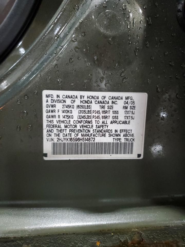 2006 Honda Ridgeline Rtl VIN: 2HJYK16596H514872 Lot: 92188035