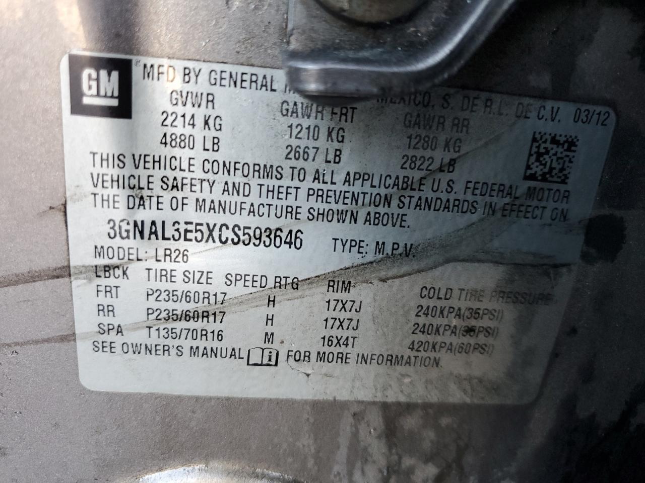 2012 Chevrolet Captiva Sport VIN: 3GNAL3E5XCS593646 Lot: 92232825