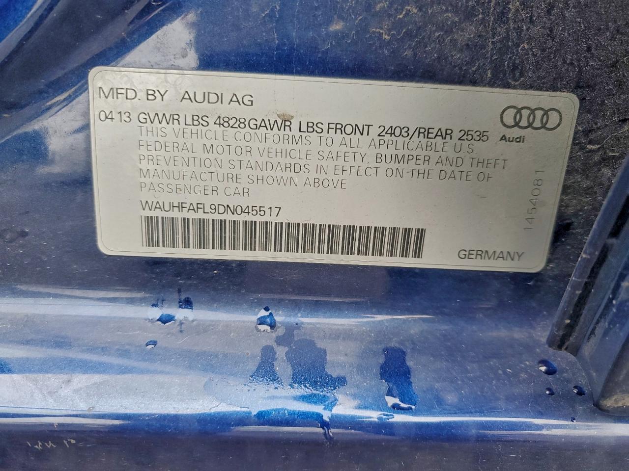 2013 Audi A4 Premium Plus VIN: WAUHFAFL9DN045517 Lot: 94748685