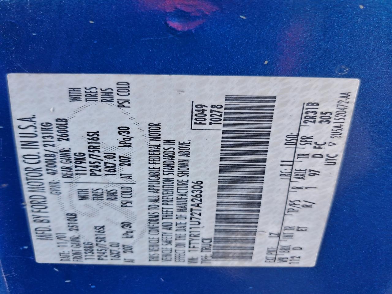 2002 Ford Ranger VIN: 1FTYR11U72TA26306 Lot: 93823075