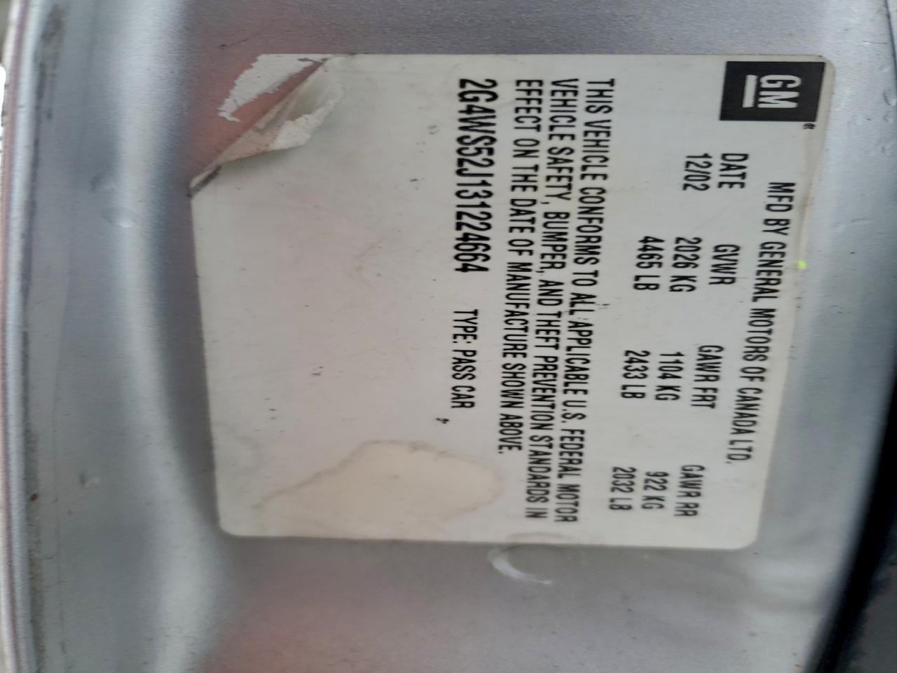 2003 Buick Century Custom VIN: 2G4WS52J131224664 Lot: 94536345