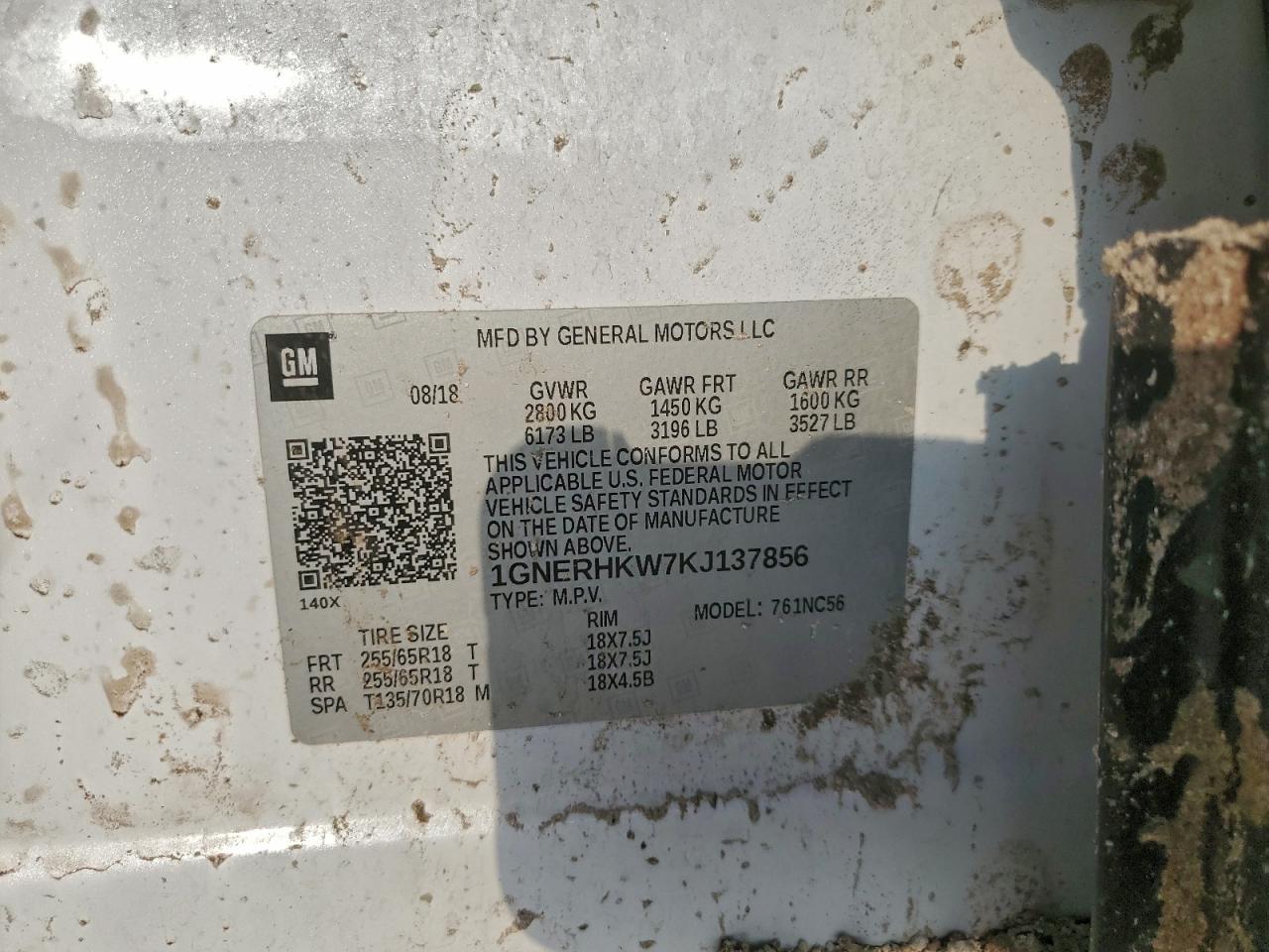 2019 Chevrolet Traverse Lt VIN: 1GNERHKW7KJ137856 Lot: 94403805