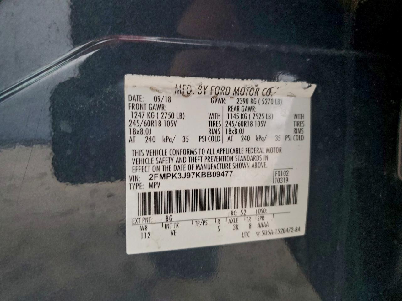 2019 Ford Edge Sel VIN: 2FMPK3J97KBB09477 Lot: 94276435