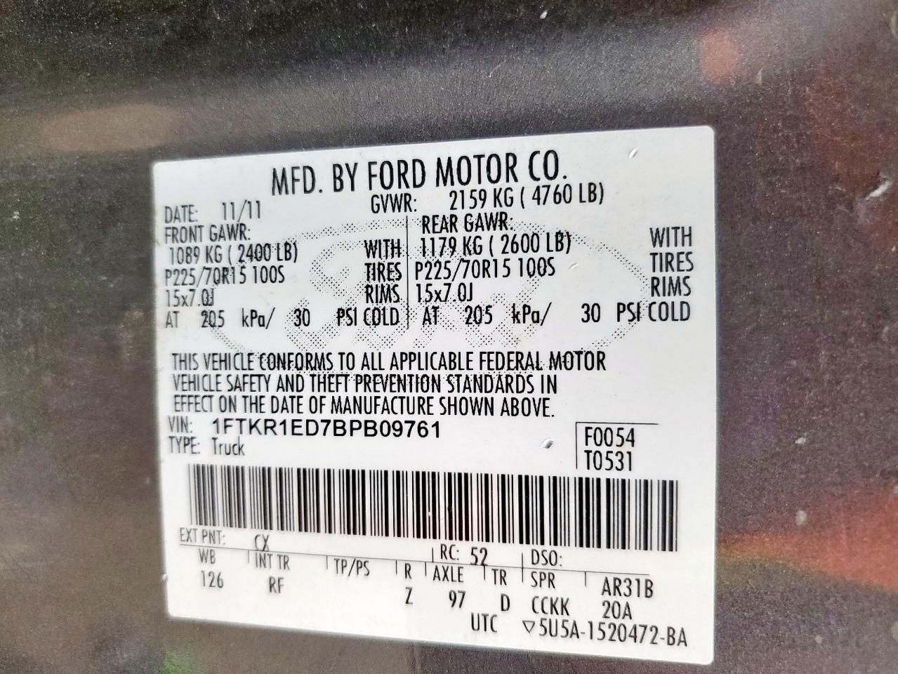 2011 Ford Ranger Super Cab VIN: 1FTKR1ED7BPB09761 Lot: 93693355