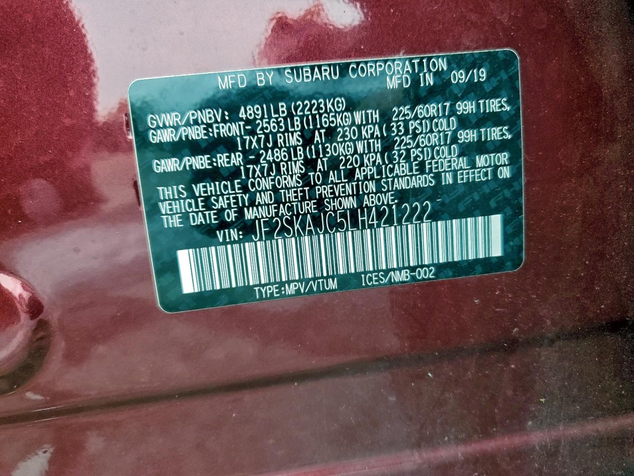 2020 Subaru Forester Premium VIN: JF2SKAJC5LH421222 Lot: 93958745