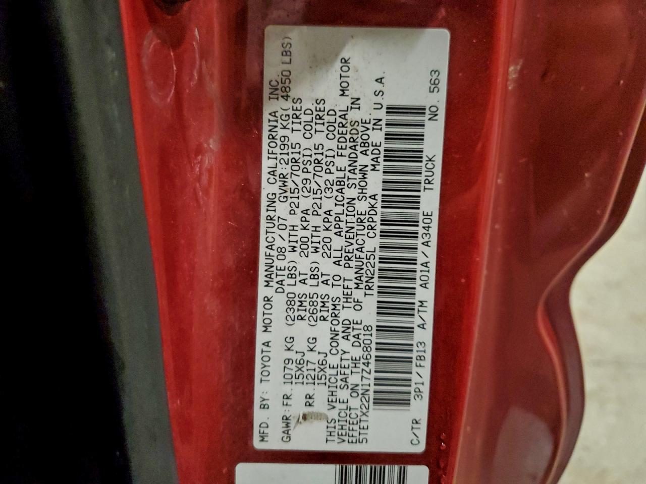 2007 Toyota Tacoma Access Cab VIN: 5TETX22N17Z468018 Lot: 94292765