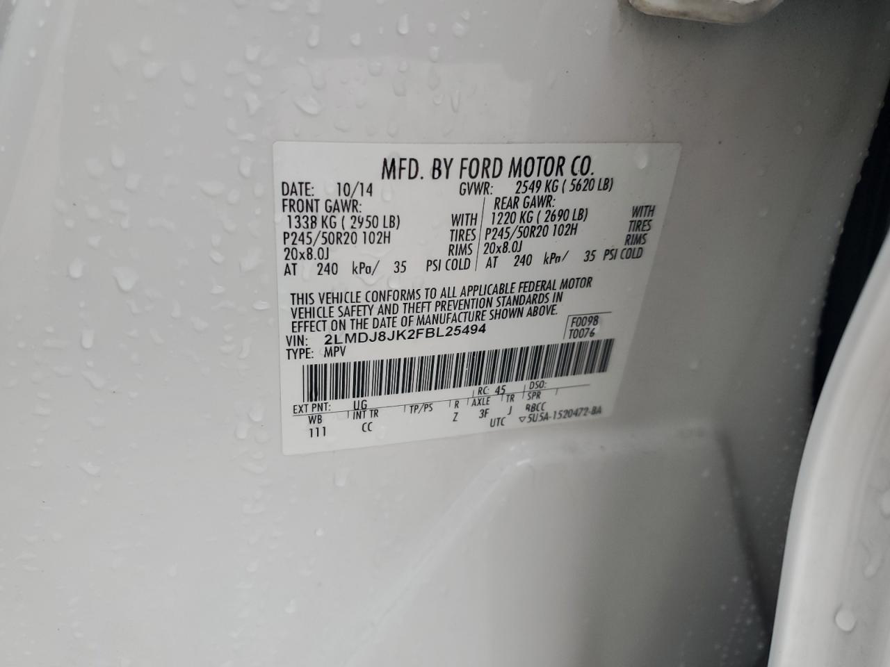 2015 Lincoln Mkx VIN: 2LMDJ8JK2FBL25494 Lot: 91049035