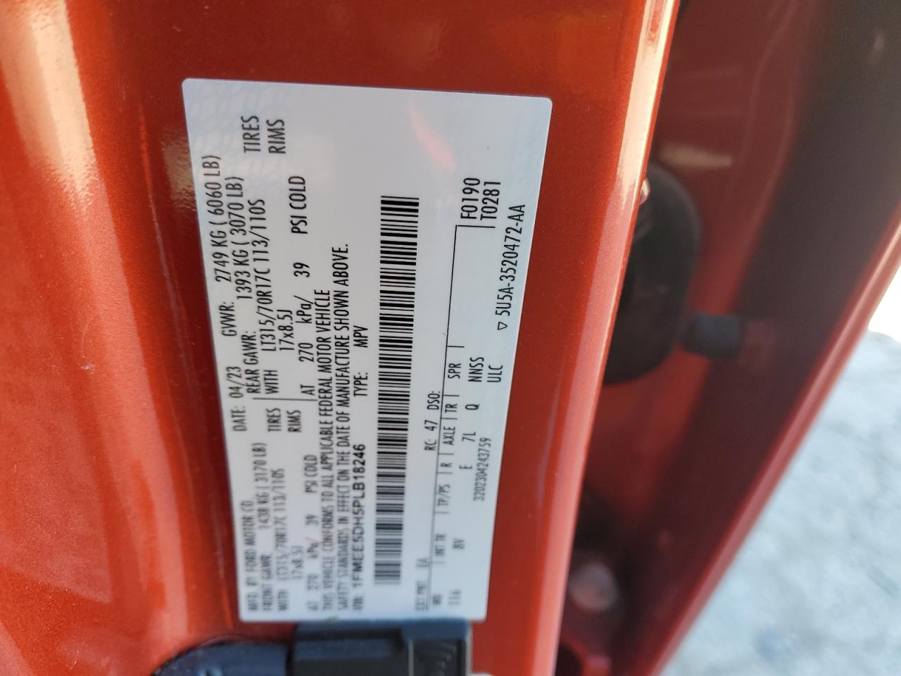 2023 Ford Bronco Base VIN: 1FMEE5DH5PLB18246 Lot: 92823255