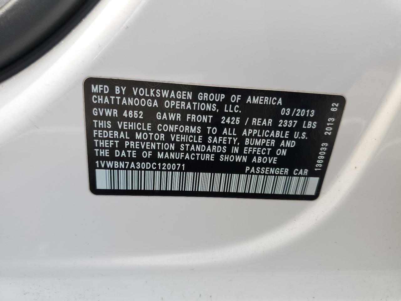 2013 Volkswagen Passat Se VIN: 1VWBN7A30DC120071 Lot: 92609975