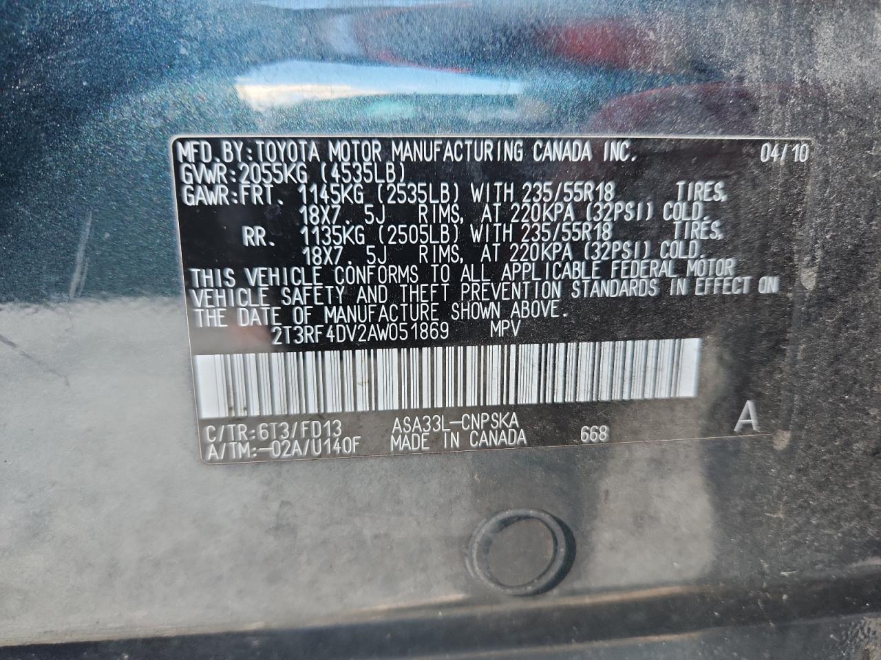 2010 Toyota Rav4 Sport VIN: 2T3RF4DV2AW051869 Lot: 92798395