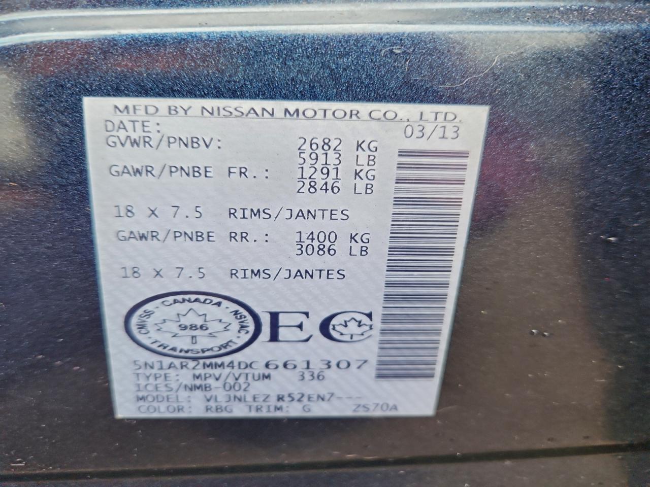 2013 Nissan Pathfinder S VIN: 5N1AR2MM4DC661307 Lot: 93930925