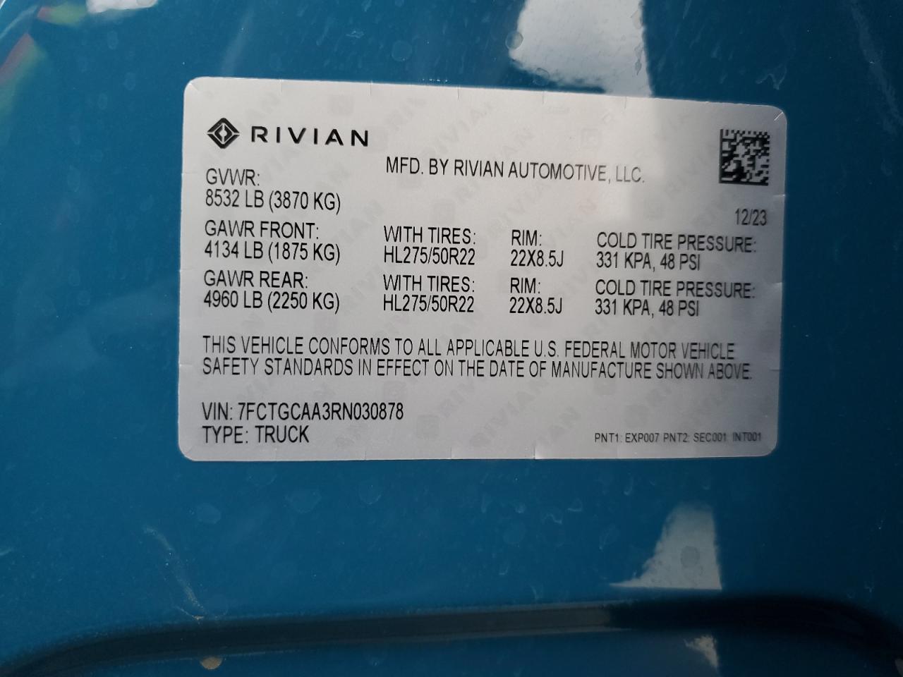 2024 Rivian R1T Adventure VIN: 7FCTGCAA3RN030878 Lot: 92462235