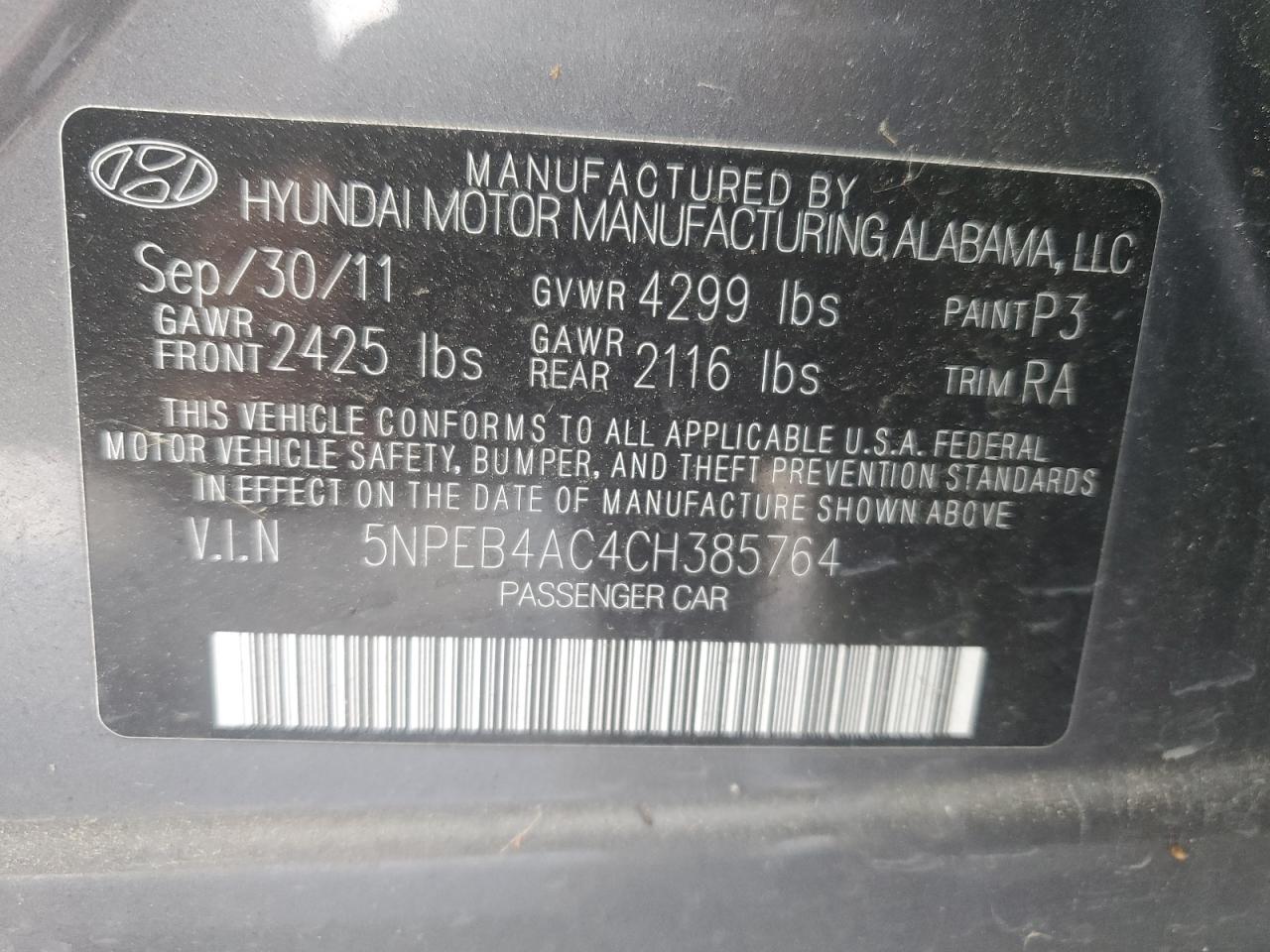 2012 Hyundai Sonata Gls VIN: 5NPEB4AC4CH385764 Lot: 92723725