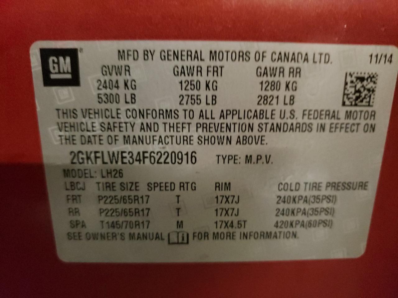 2015 GMC Terrain Sle VIN: 2GKFLWE34F6220916 Lot: 93682975