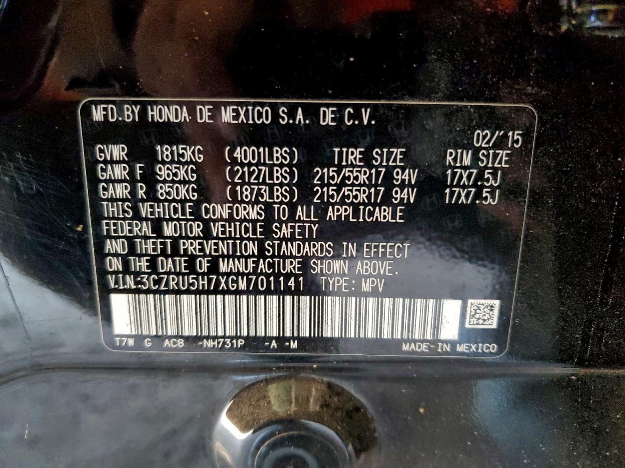 2016 Honda Hr-V Exl VIN: 3CZRU5H7XGM701141 Lot: 93749525