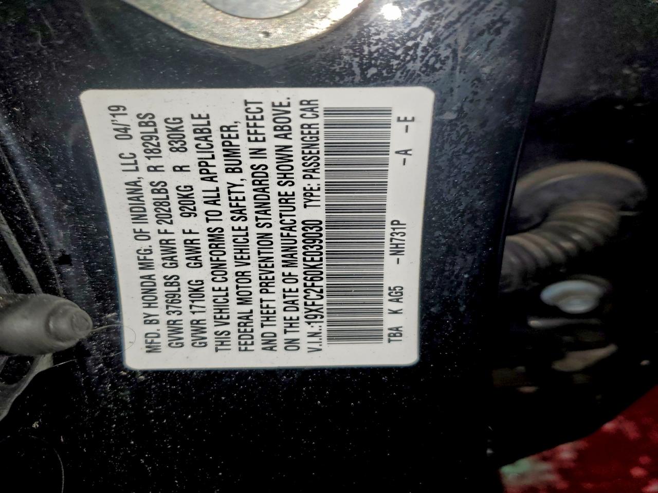 2019 Honda Civic Lx VIN: 19XFC2F60KE039030 Lot: 93121155