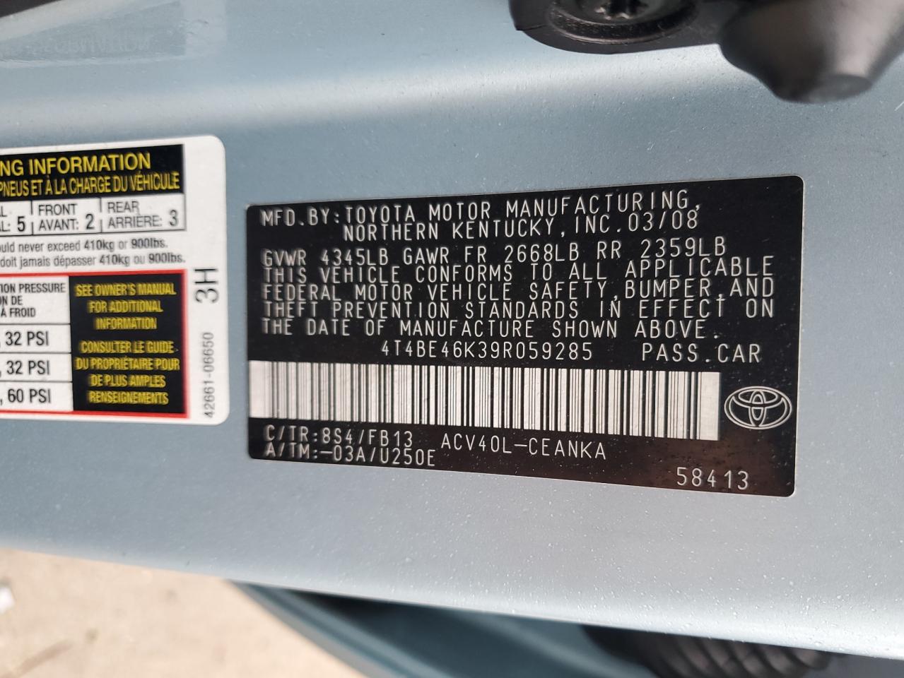 2009 Toyota Camry Base VIN: 4T4BE46K39R059285 Lot: 93347975