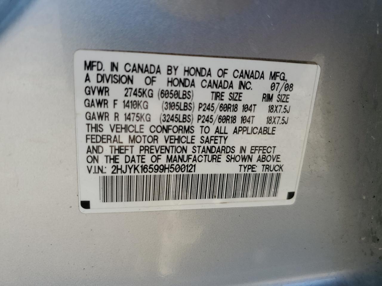 2009 Honda Ridgeline Rtl VIN: 2HJYK16599H500121 Lot: 93500025