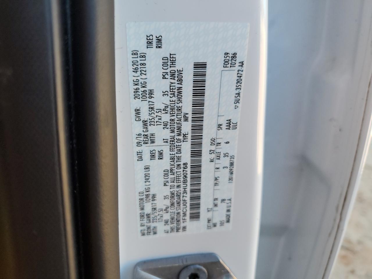 2017 Ford Escape S VIN: 1FMCU0F73HUB90768 Lot: 91310185