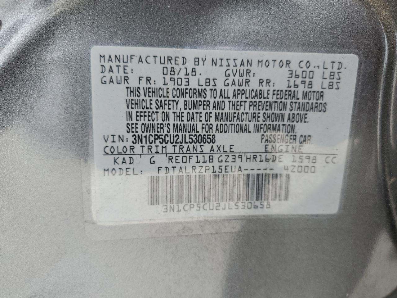 2018 Nissan Kicks S VIN: 3N1CP5CU2JL530658 Lot: 93436335