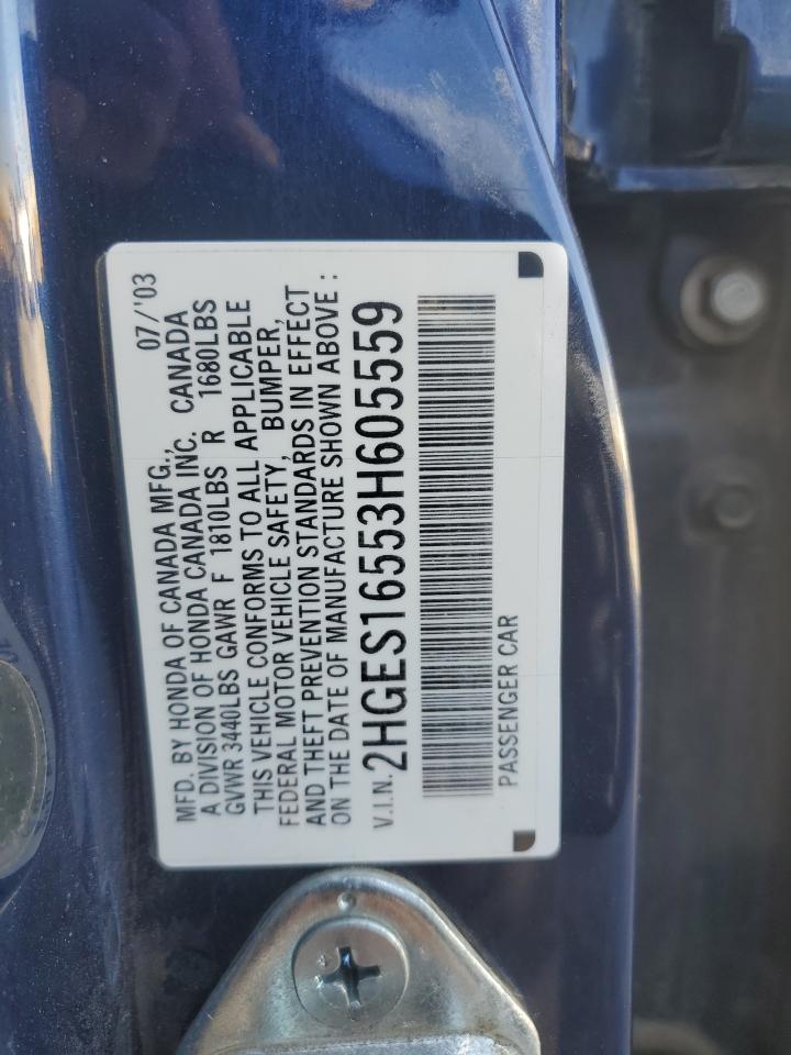 2003 Honda Civic Lx VIN: 2HGES16553H605559 Lot: 91867345