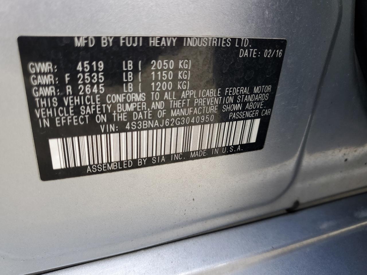 2016 Subaru Legacy 2.5I Limited VIN: 4S3BNAJ62G3040950 Lot: 91078985