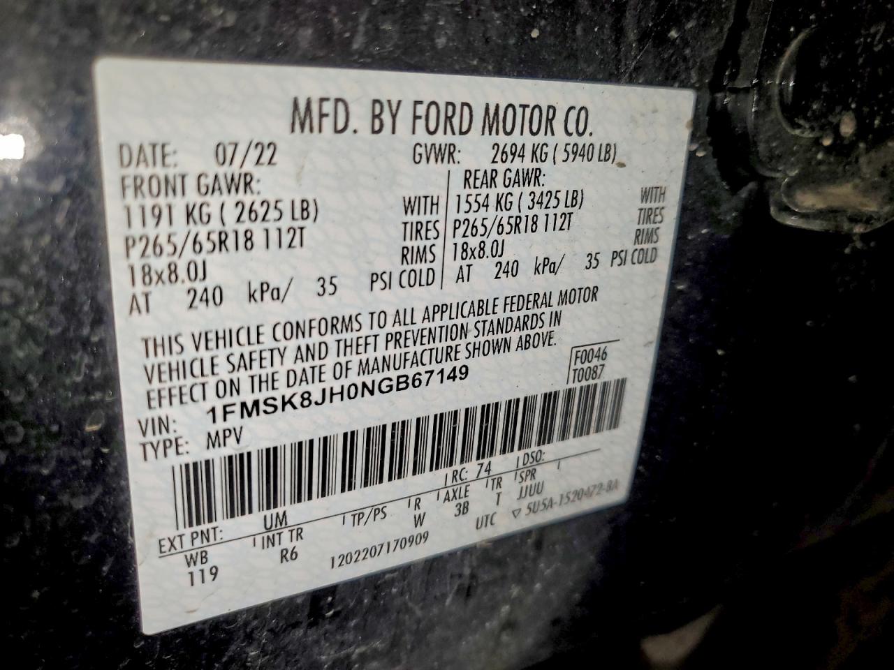 2022 Ford Explorer Timberline VIN: 1FMSK8JH0NGB67149 Lot: 94191995