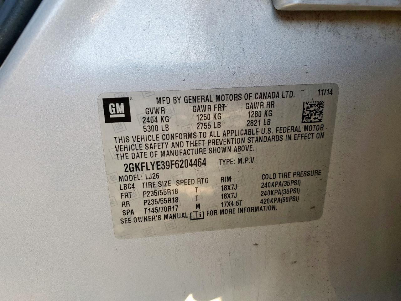 2015 GMC Terrain Slt VIN: 2GKFLYE39F6204464 Lot: 93074835