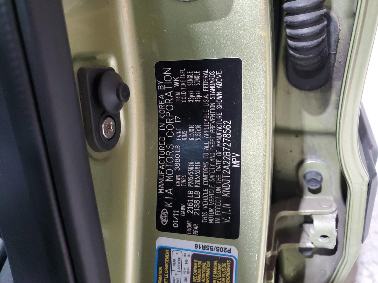 2011 Kia Soul + VIN: KNDJT2A22B7278562 Lot: 92920175