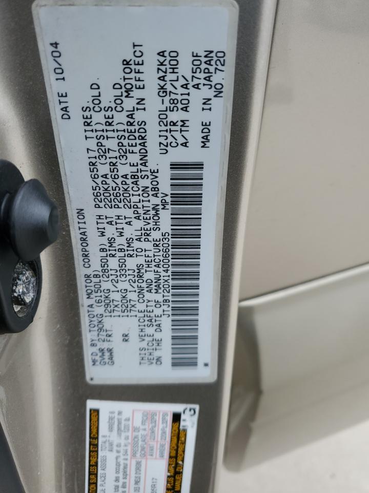 2004 Lexus Gx 470 VIN: JTJBT20X140066035 Lot: 92174725