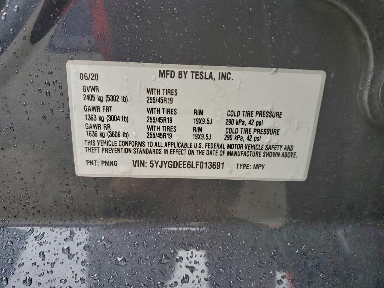 2020 Tesla Model Y VIN: 5YJYGDEE6LF013691 Lot: 93940725