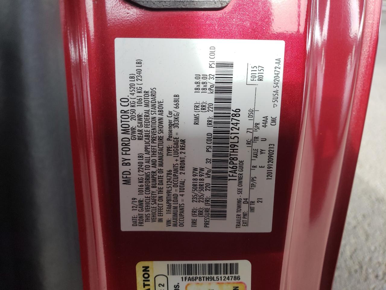 2020 Ford Mustang VIN: 1FA6P8TH9L5124786 Lot: 92341945