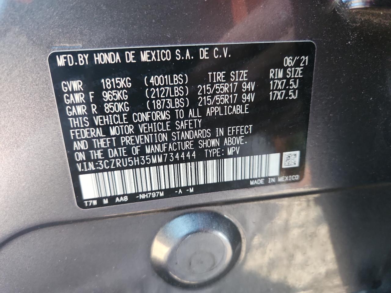 2021 Honda Hr-V Lx VIN: 3CZRU5H35MM734444 Lot: 92096855