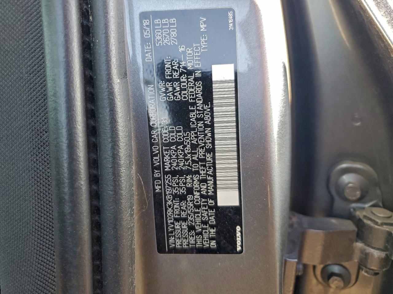 2019 Volvo Xc60 T5 VIN: LYV102RK3KB197255 Lot: 93740265